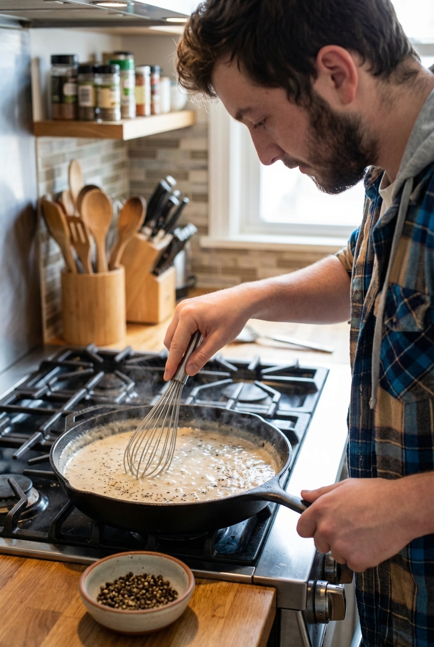 A real photo of creamy pepper gravy being whisked in a skillet with a whisk and a small bowl of black pepper nearby