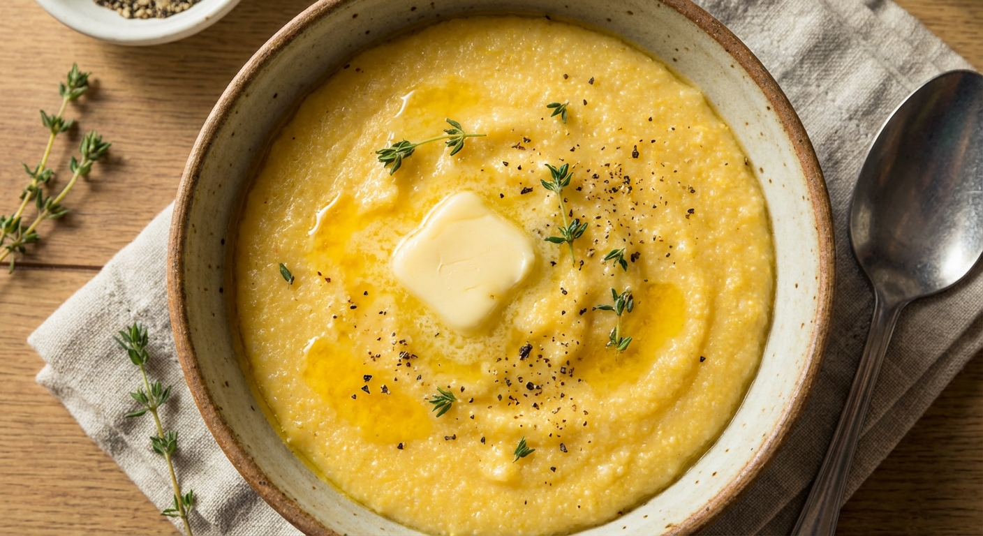 A real photo of creamy polenta in a bowl with butter melting on top