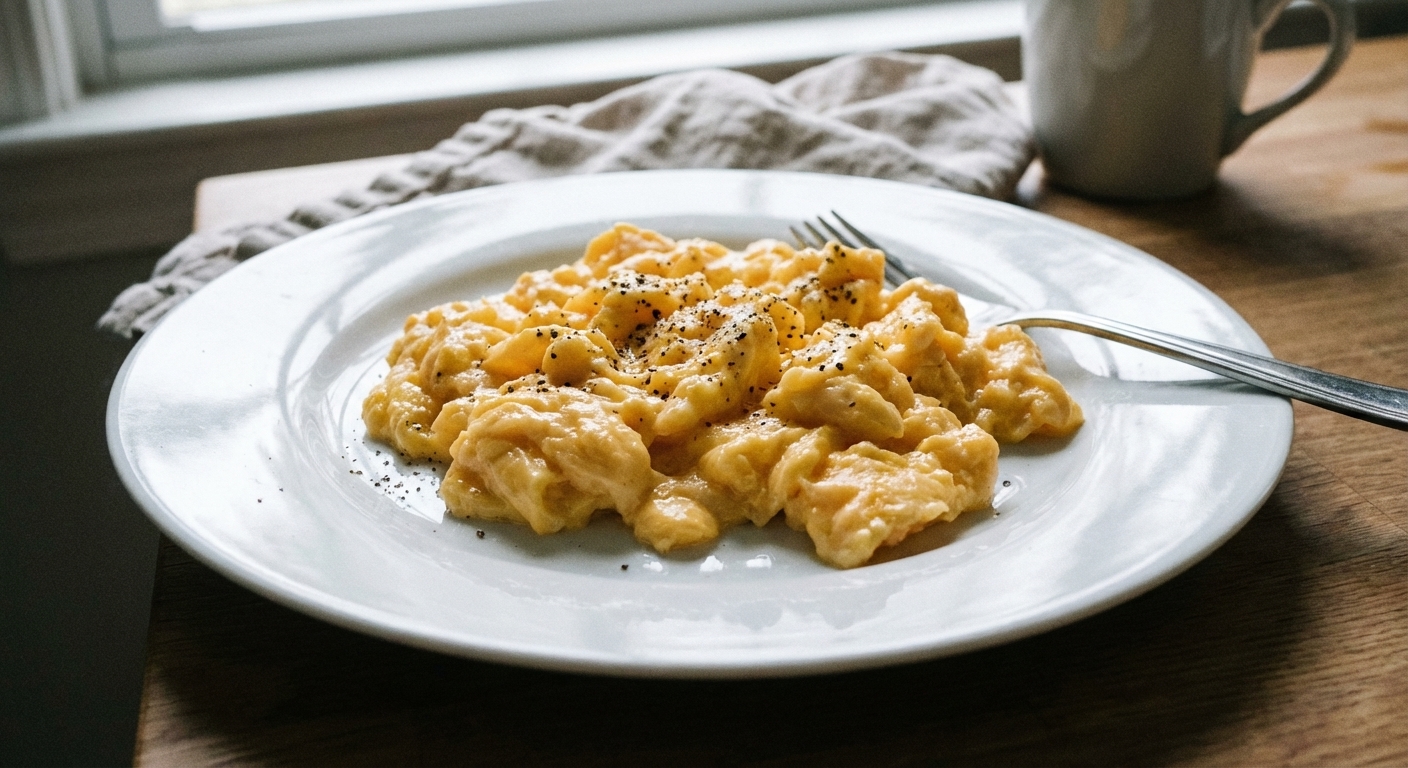 A real photo of creamy scrambled eggs on a plate with black pepper