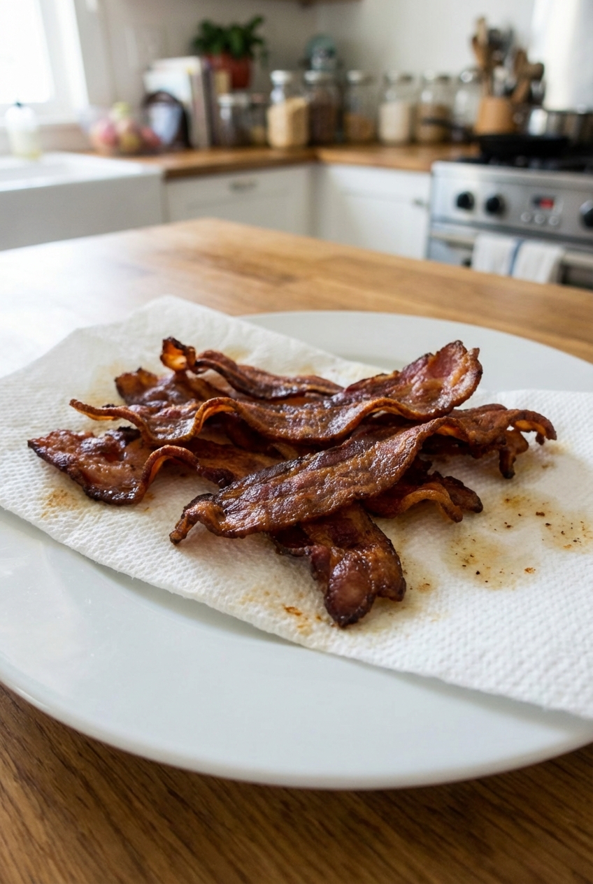 A real photo of crispy bacon strips on a plate with a paper towel