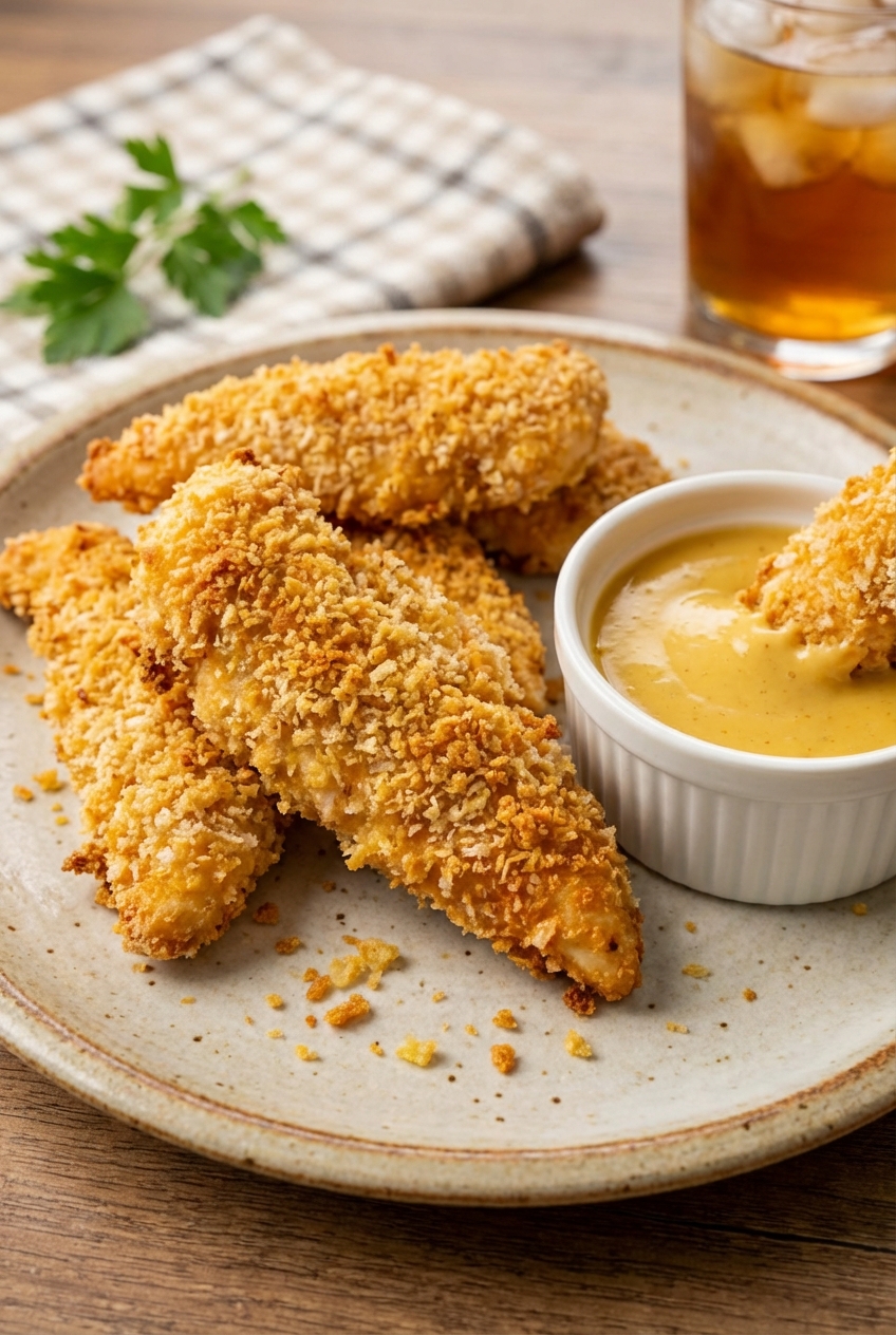 A real photo of crispy baked chicken tenders on a plate with dipping sauce
