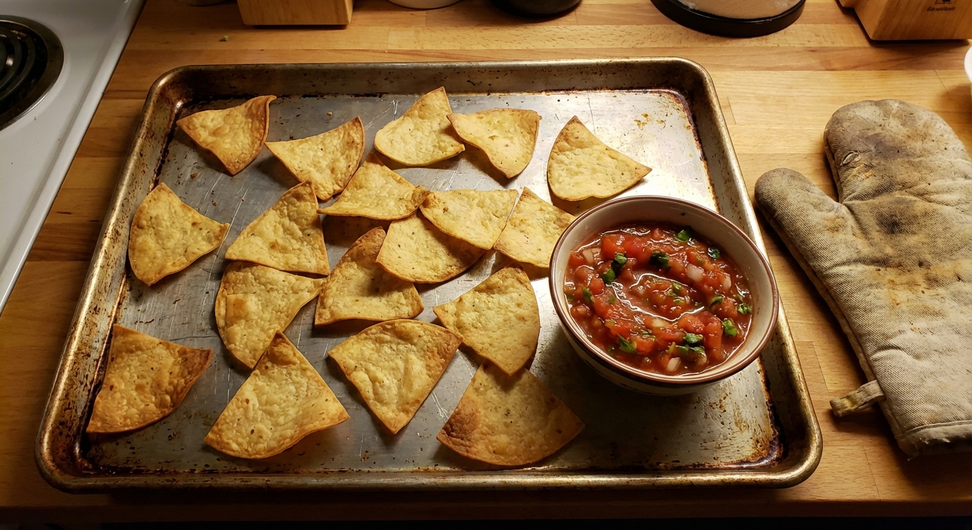 A real photo of crispy baked tortilla chips on a sheet pan with a small bowl of salsa