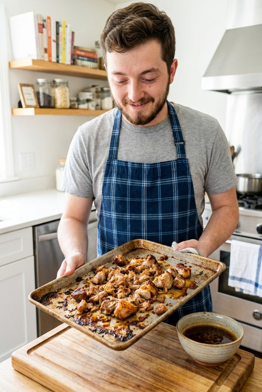 A real photo of crispy-edged Instant Pot pork carnitas spread on a sheet pan with caramelized bits, with a small bowl of reserved citrusy cooking juices nearby in a bright home kitchen