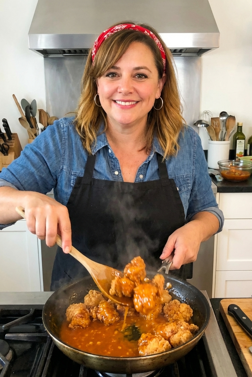A real photo of crispy fried chicken pieces being tossed in a glossy orange sauce in a skillet with a wooden spoon