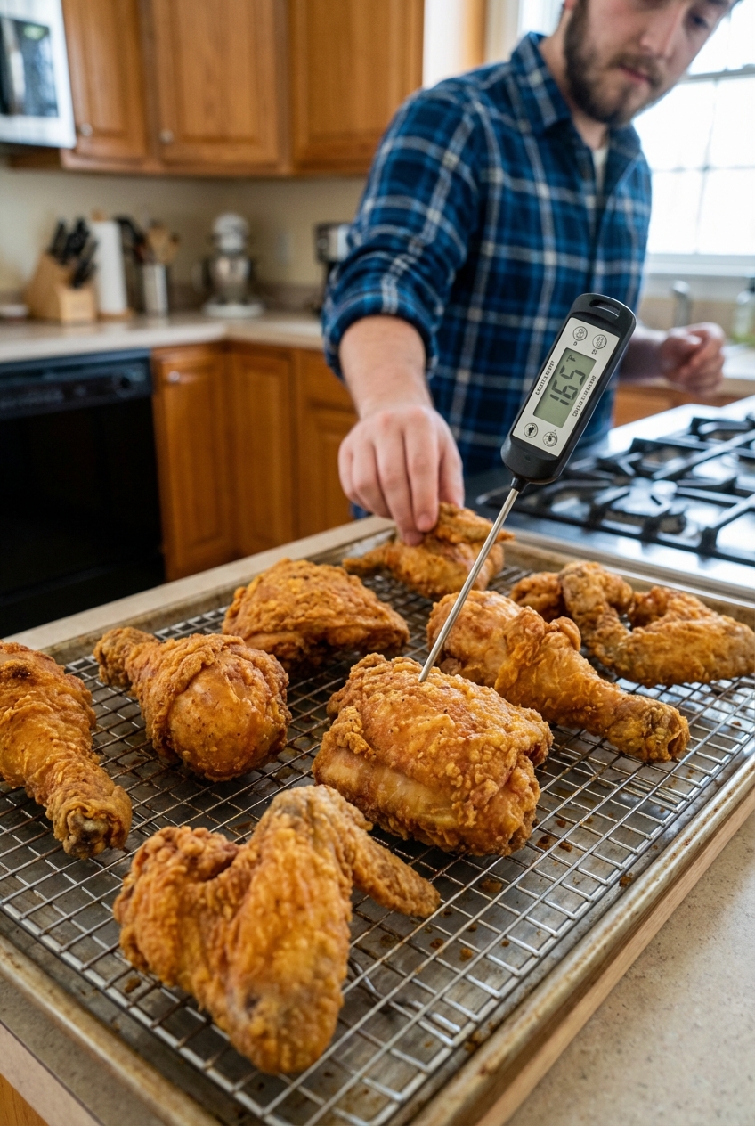A real photo of crispy fried chicken pieces resting on a wire rack with a thermometer nearby