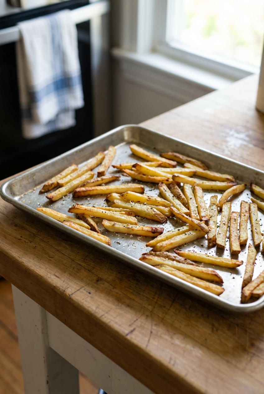 A real photo of crispy oven baked French fries on a sheet pan