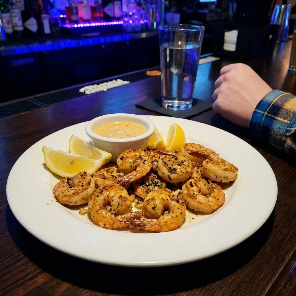 A real photo of crispy pan-seared shrimp on a plate with lemon wedges