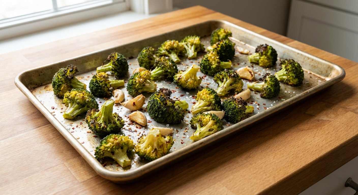 A real photo of crispy roasted broccoli on a sheet pan