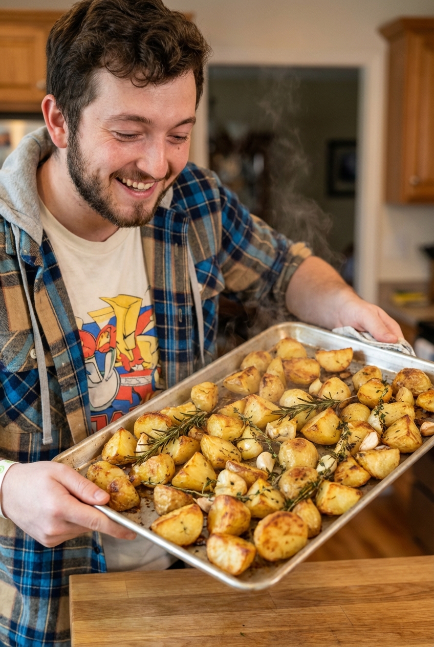 A real photo of crispy roasted potatoes on a sheet pan with herbs