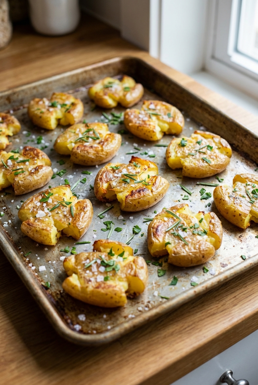 A real photo of crispy smashed potatoes on a sheet pan with flaky salt and chopped herbs