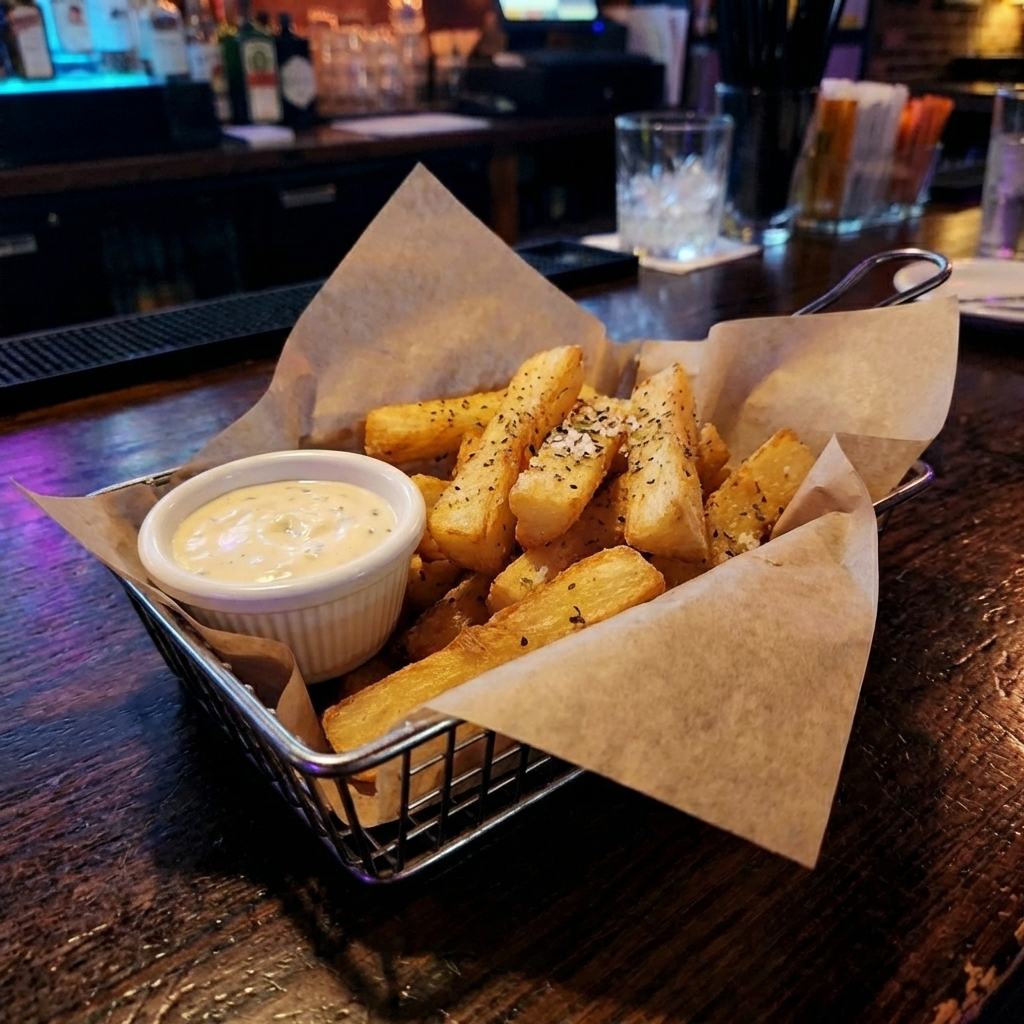 A real photo of crispy yuca fries in a paper-lined basket with a small dipping sauce cup