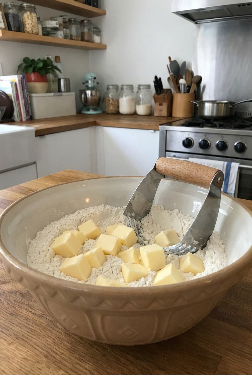 A real photo of cubed cold butter and flour in a mixing bowl with a pastry cutter