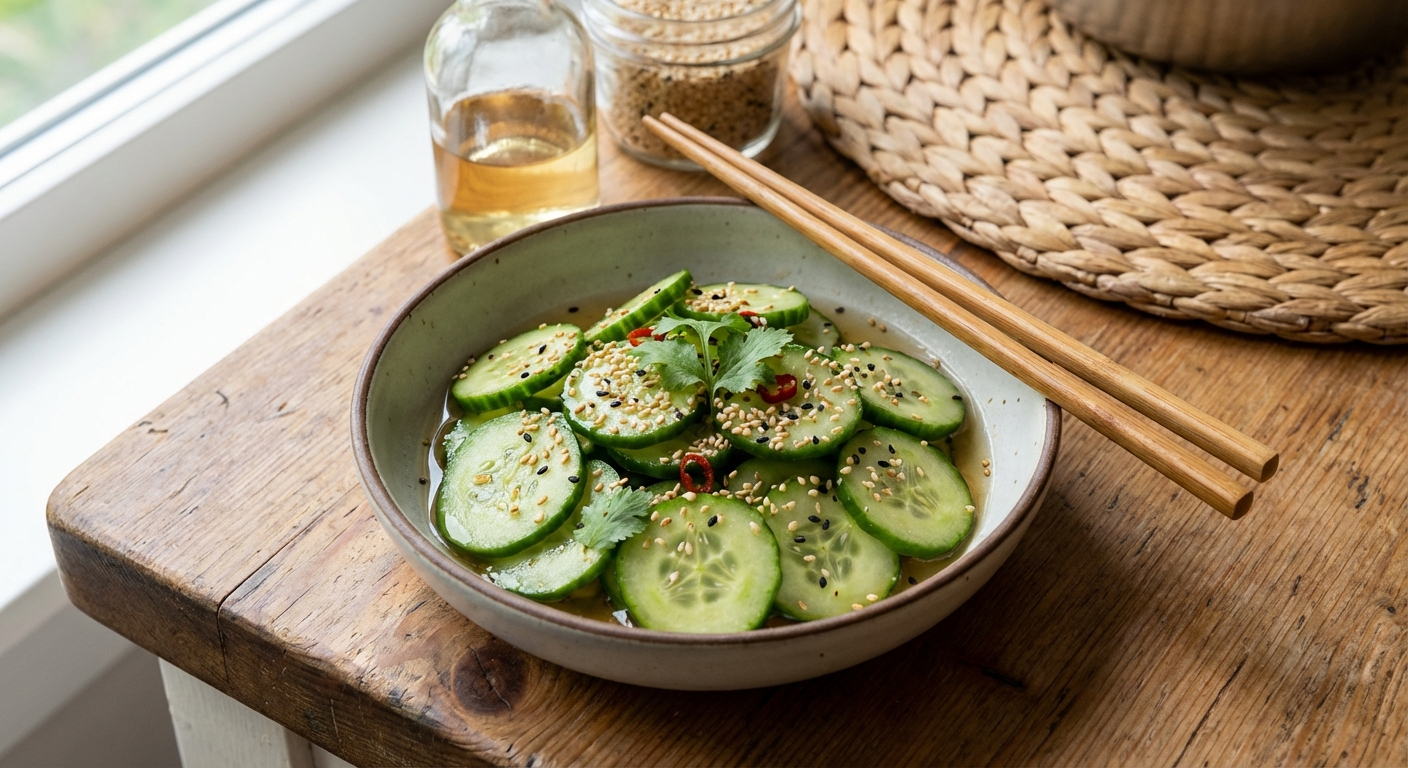 A real photo of cucumber salad with sesame and rice vinegar in a small bowl