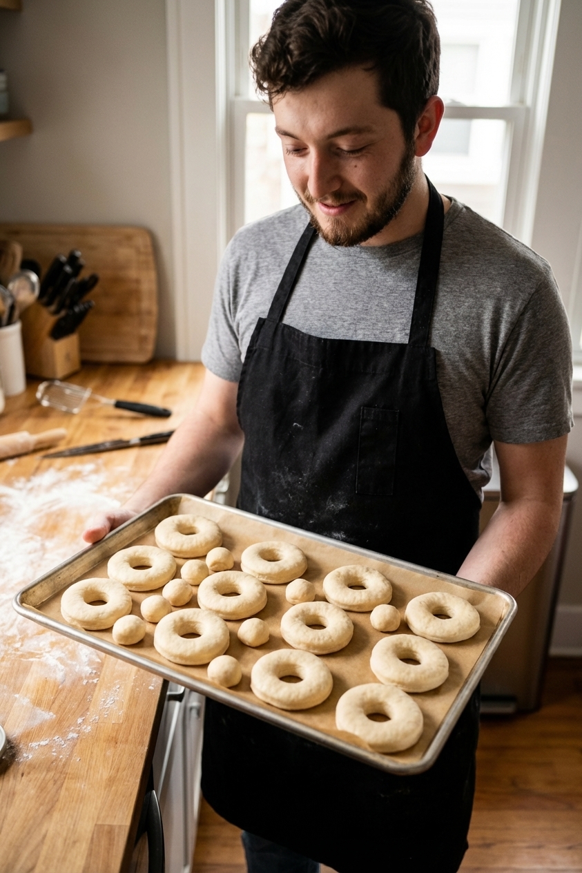 A real photo of cut donut rings and donut holes proofing on a parchment-lined baking sheet