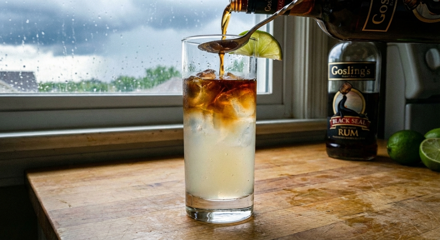 A real photo of dark rum being poured over a spoon into a glass of ginger beer and ice, creating a layered effect