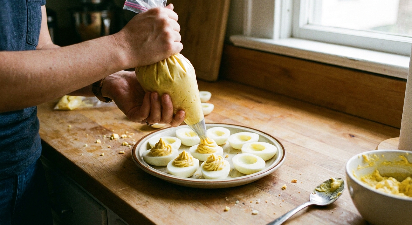 A real photo of deviled egg filling being piped from a zip-top bag into egg white halves on a platter