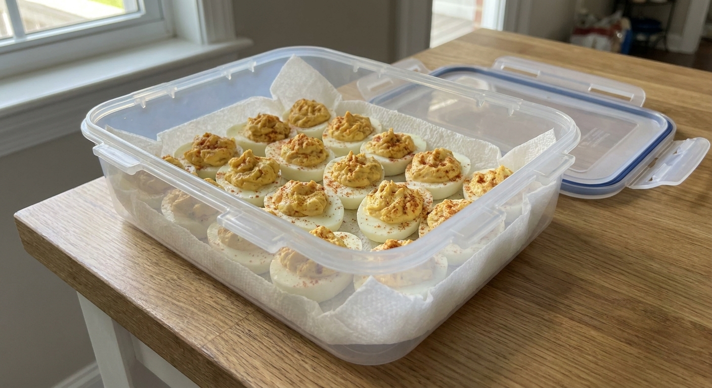 A real photo of deviled eggs arranged in a single layer inside a clear airtight container lined with paper towel