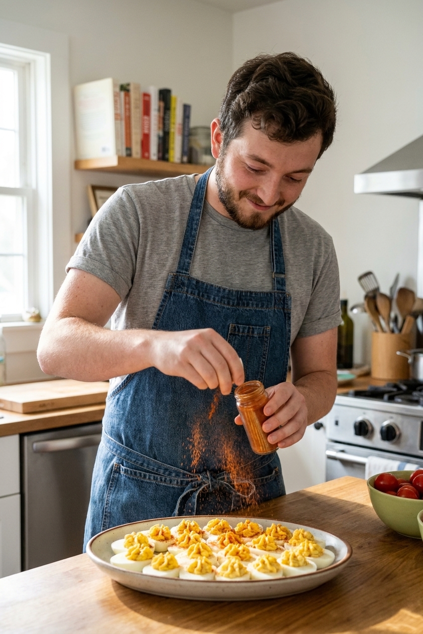 A real photo of deviled eggs being dusted with paprika over a serving platter in a home kitchen