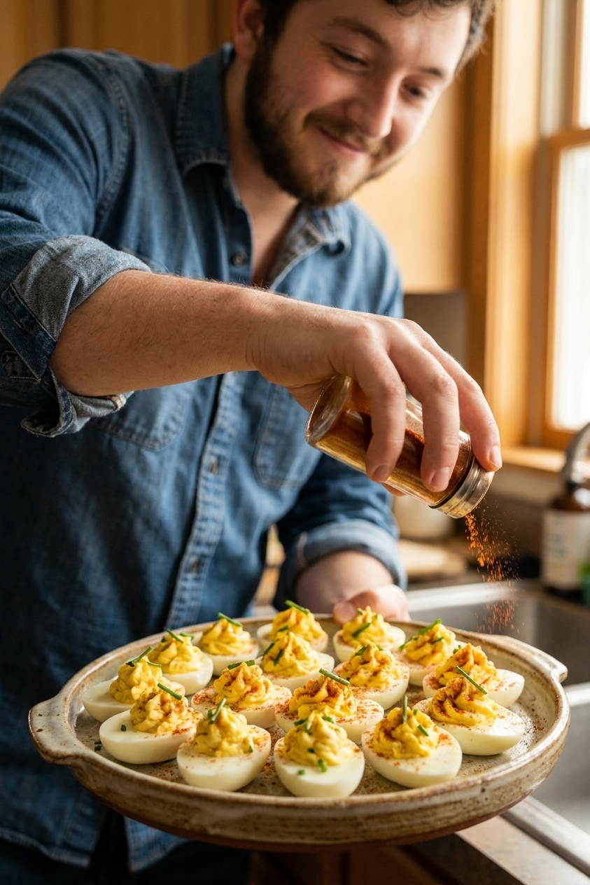 A real photo of deviled eggs being sprinkled with paprika on a serving platter, close-up food photography