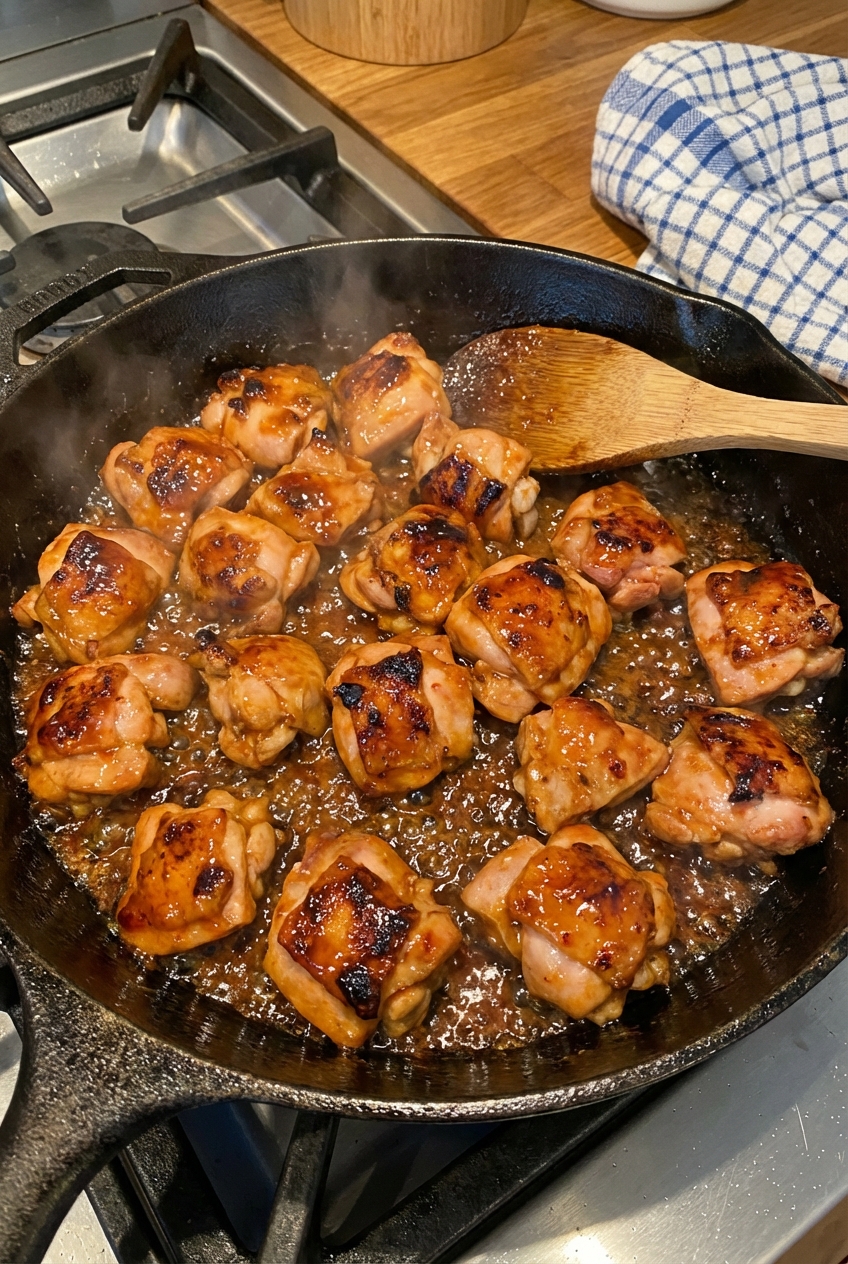 A real photo of diced chicken thighs sizzling in a skillet with glossy honey sriracha sauce
