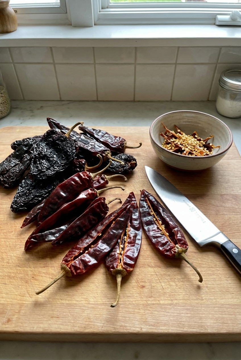 A real photo of dried ancho and guajillo chiles on a cutting board with a chef's knife and a small bowl for seeds
