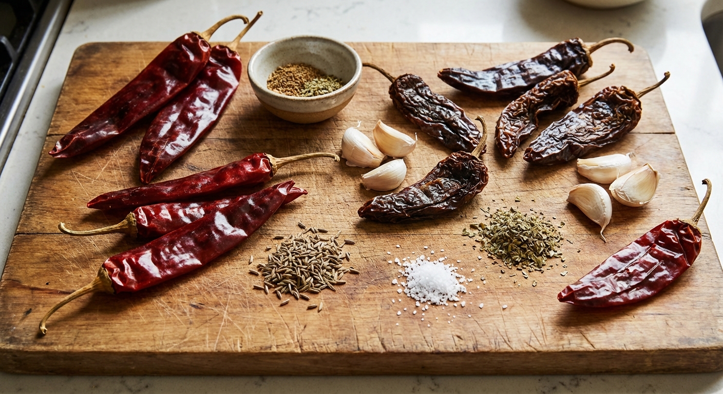 A real photo of dried guajillo and chipotle chiles on a wooden cutting board with garlic and spices
