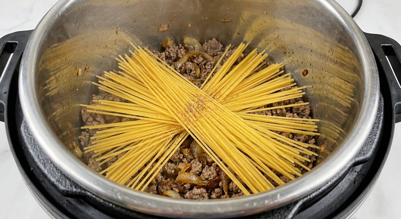 A real photo of dry spaghetti noodles snapped in half and fanned out over a layer of browned ground meat and onions inside a stainless steel Instant Pot insert