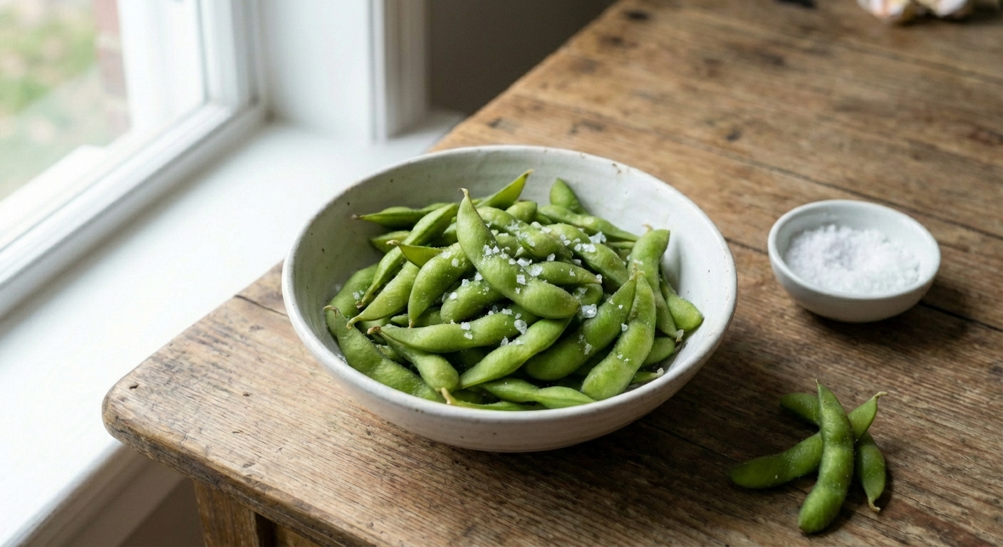 A real photo of edamame sprinkled with flaky salt in a white bowl