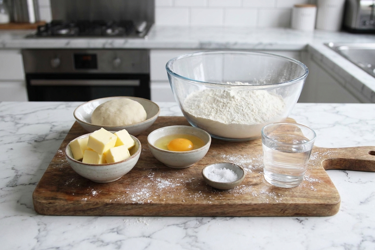 A real photo of empanada dough ingredients on a kitchen counter including flour, butter, an egg, salt, and a small glass of water, neatly arranged in bowls