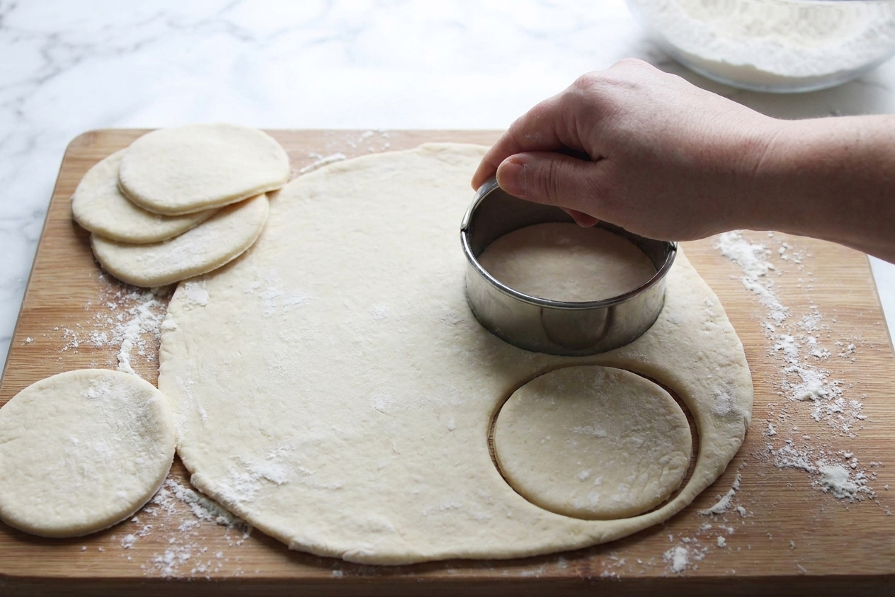 A real photo of empanada dough rolled out on a floured counter with several cut circles and a round cutter beside them