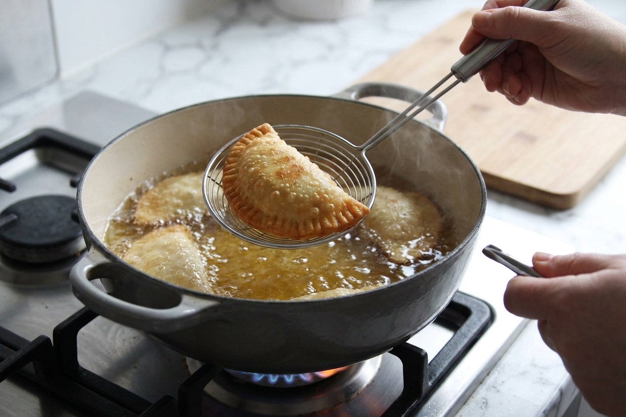 A real photo of empanadas frying in a pot of hot oil on a stovetop with a spider strainer lifting one empanada
