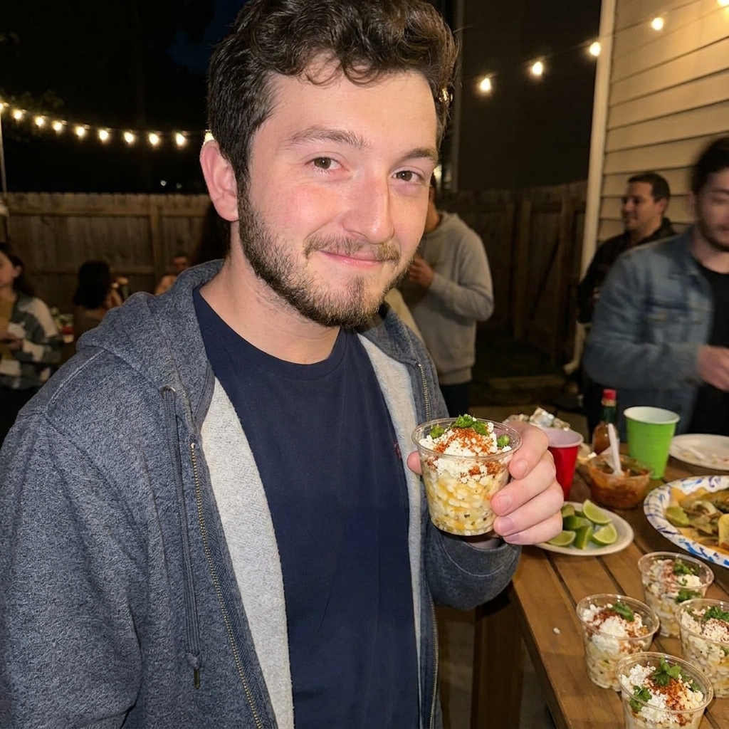 A real photo of esquites served in small clear cups on a party table, topped with crumbled cotija, chili powder, and fresh cilantro with lime wedges nearby