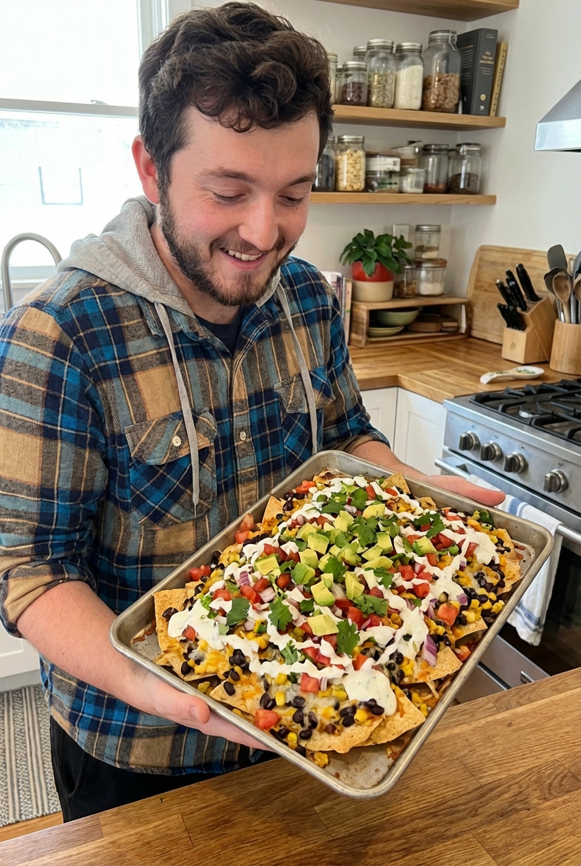 A real photo of finished healthy nachos on a sheet pan with yogurt lime drizzle and diced avocado, ready to serve