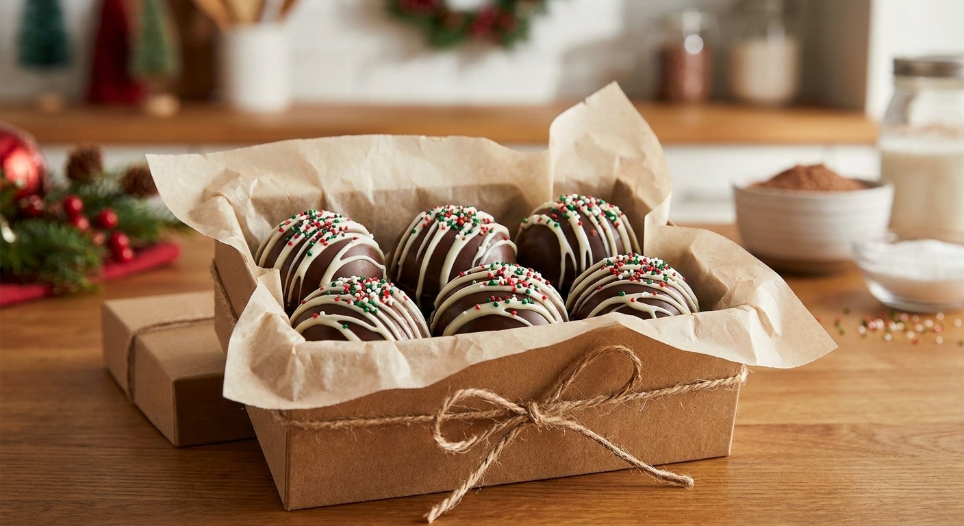 A real photo of finished hot chocolate bombs drizzled with white chocolate and sprinkles, arranged in a small gift box lined with parchment paper