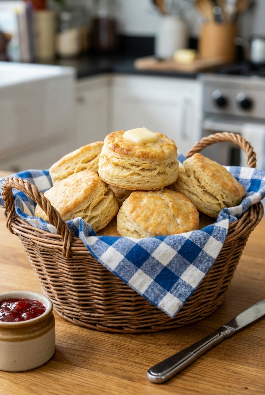 A real photo of flaky buttermilk biscuits stacked in a basket lined with a cloth napkin