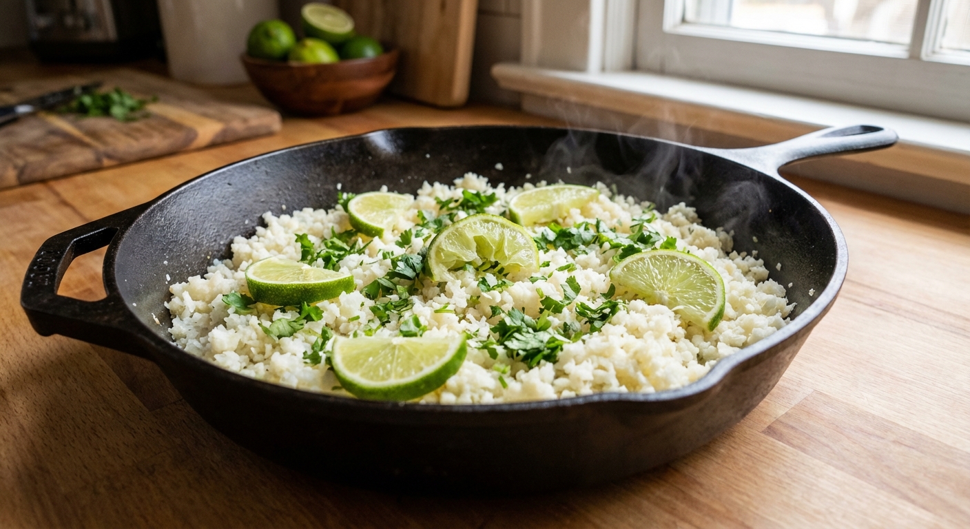 A real photo of fluffy cauliflower rice with cilantro and lime in a skillet