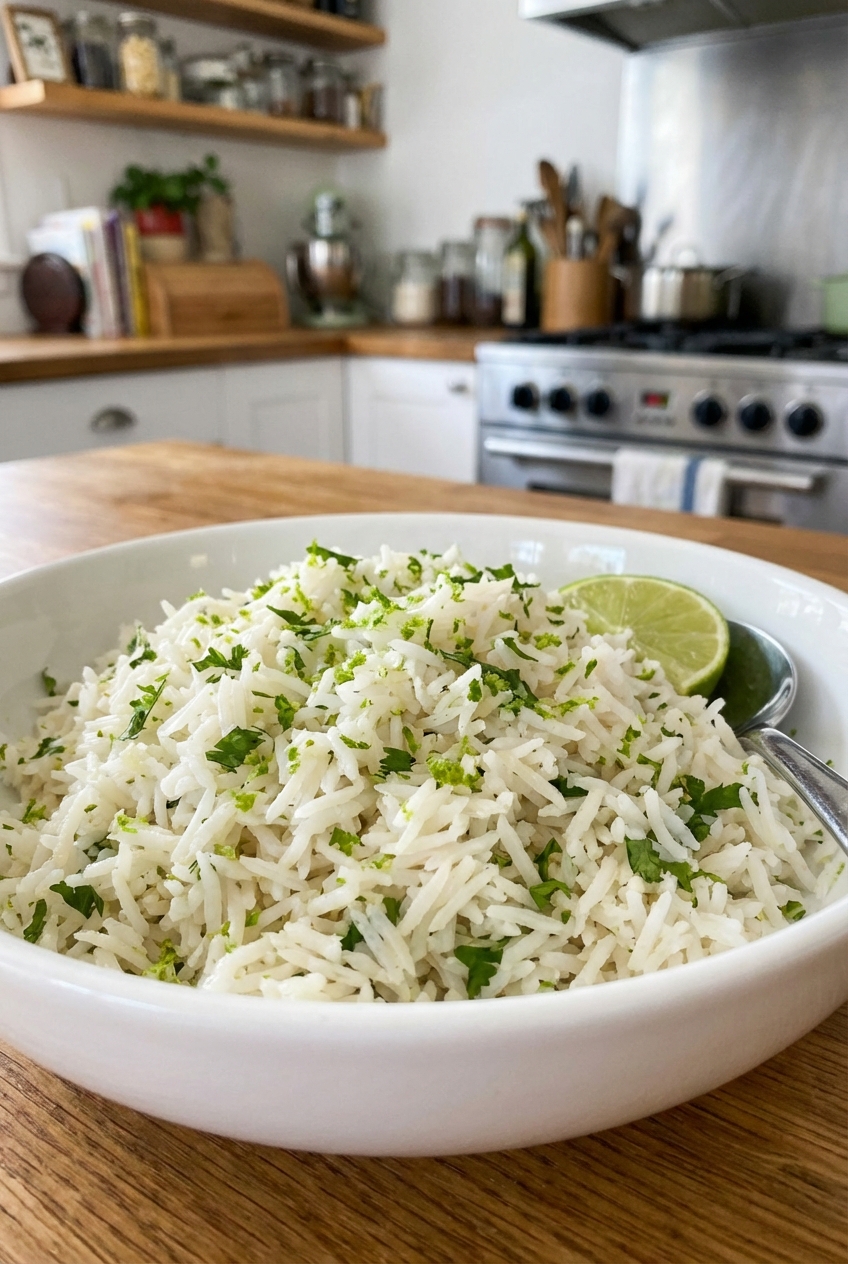 A real photo of fluffy cilantro lime rice in a white bowl