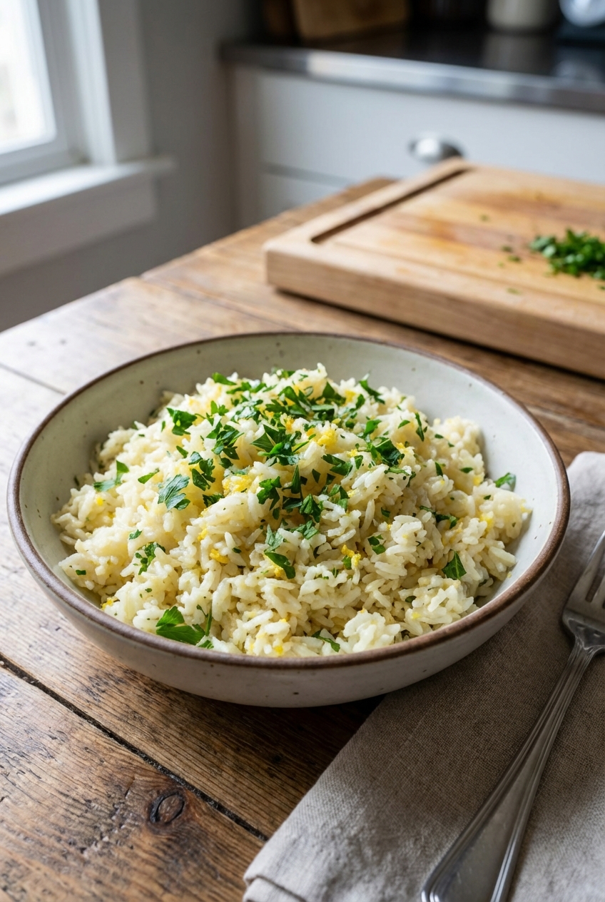 A real photo of fluffy lemon herb rice in a bowl with chopped parsley