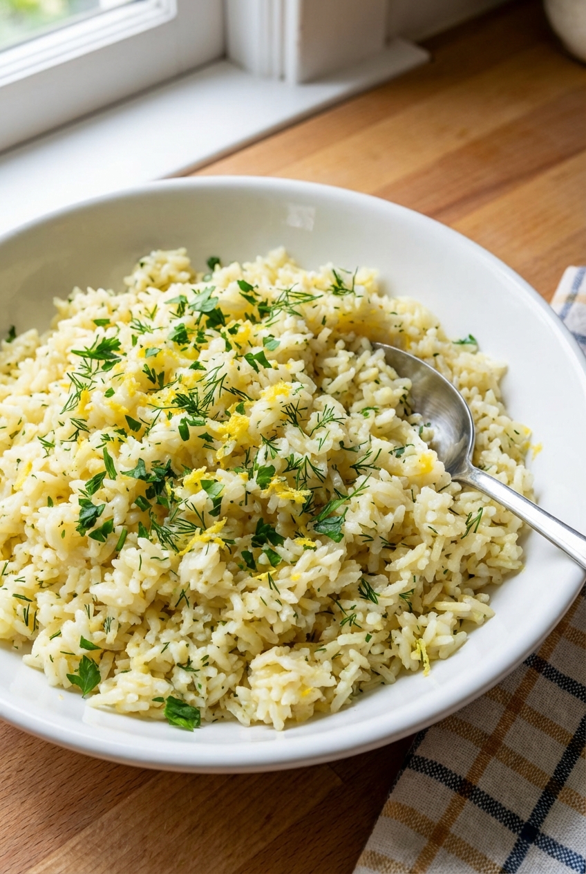 A real photo of fluffy lemon herb rice in a white bowl with a spoon