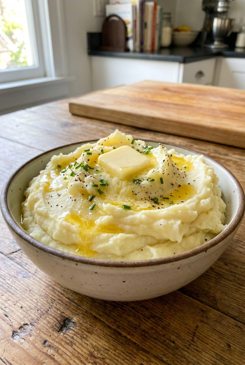 A real photo of fluffy mashed potatoes with a pat of butter melting on top