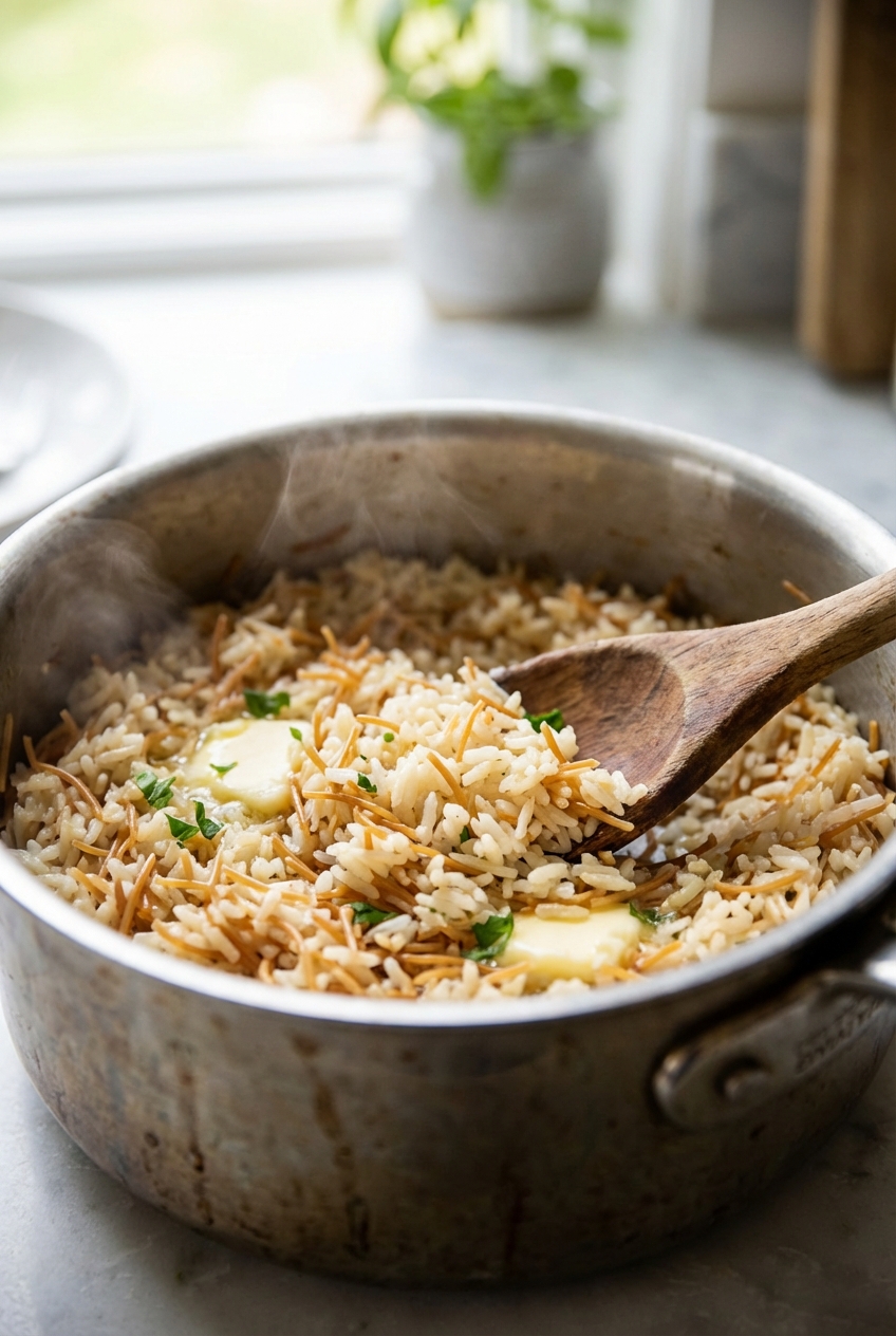 A real photo of fluffy rice pilaf with toasted vermicelli in a saucepan with a wooden spoon