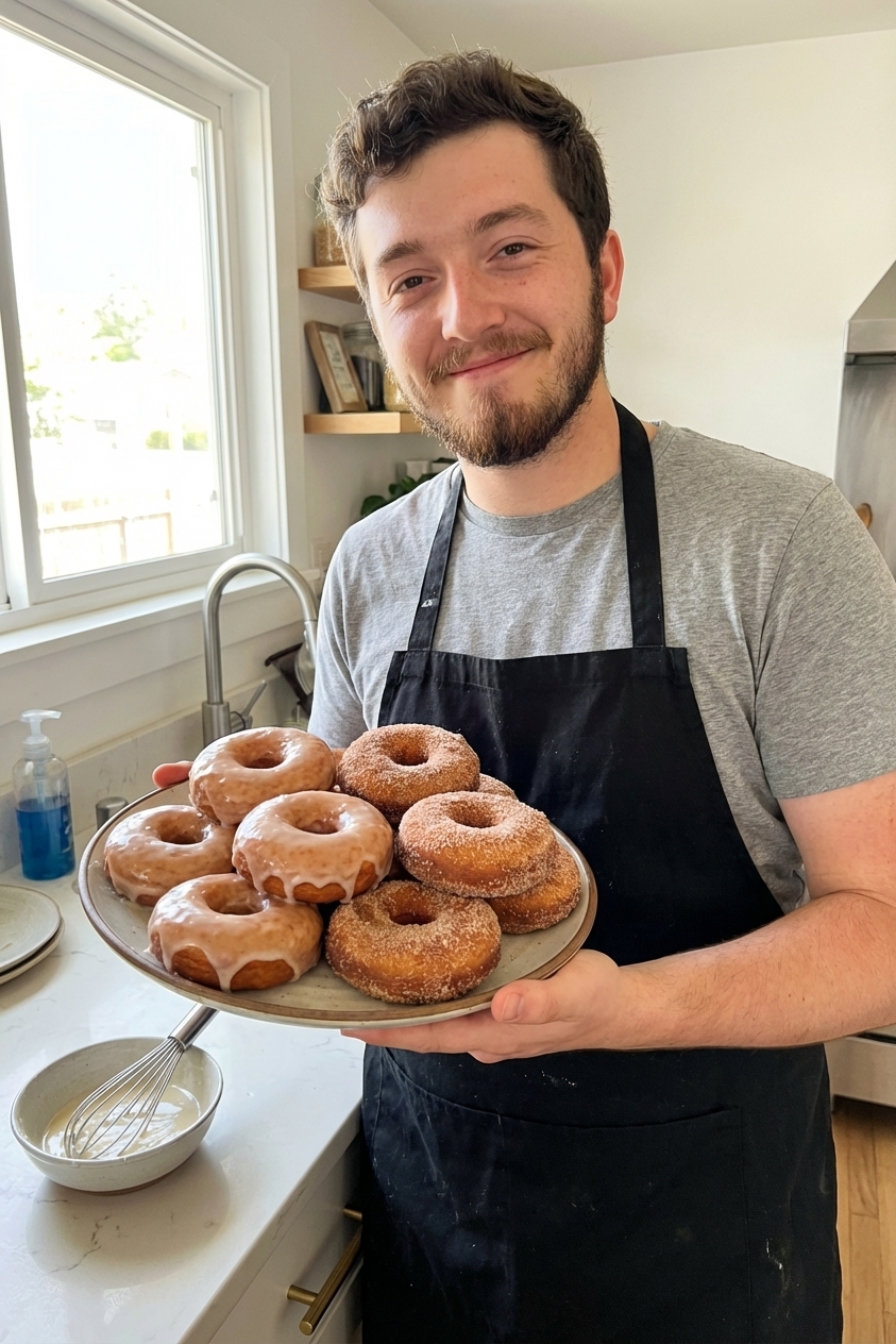 A real photo of fluffy sourdough discard donuts stacked on a plate, some dipped in shiny vanilla glaze and some coated in cinnamon sugar, with a small bowl of glaze nearby on a bright kitchen counter