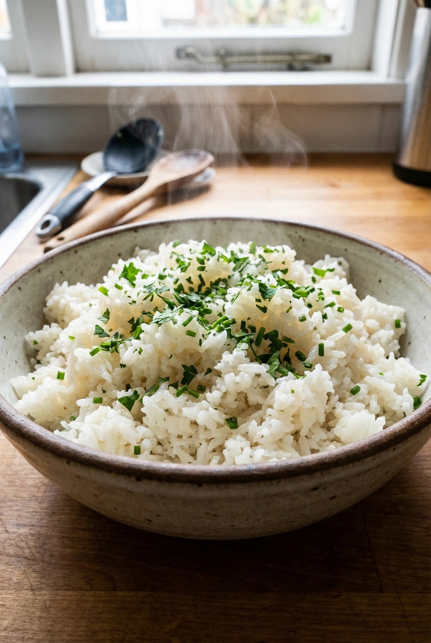 A real photo of fluffy white rice with chopped herbs in a bowl