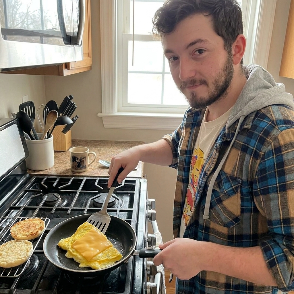 A real photo of folded eggs cooking in a nonstick skillet with a slice of American cheese melting on top, with English muffin halves toasting nearby