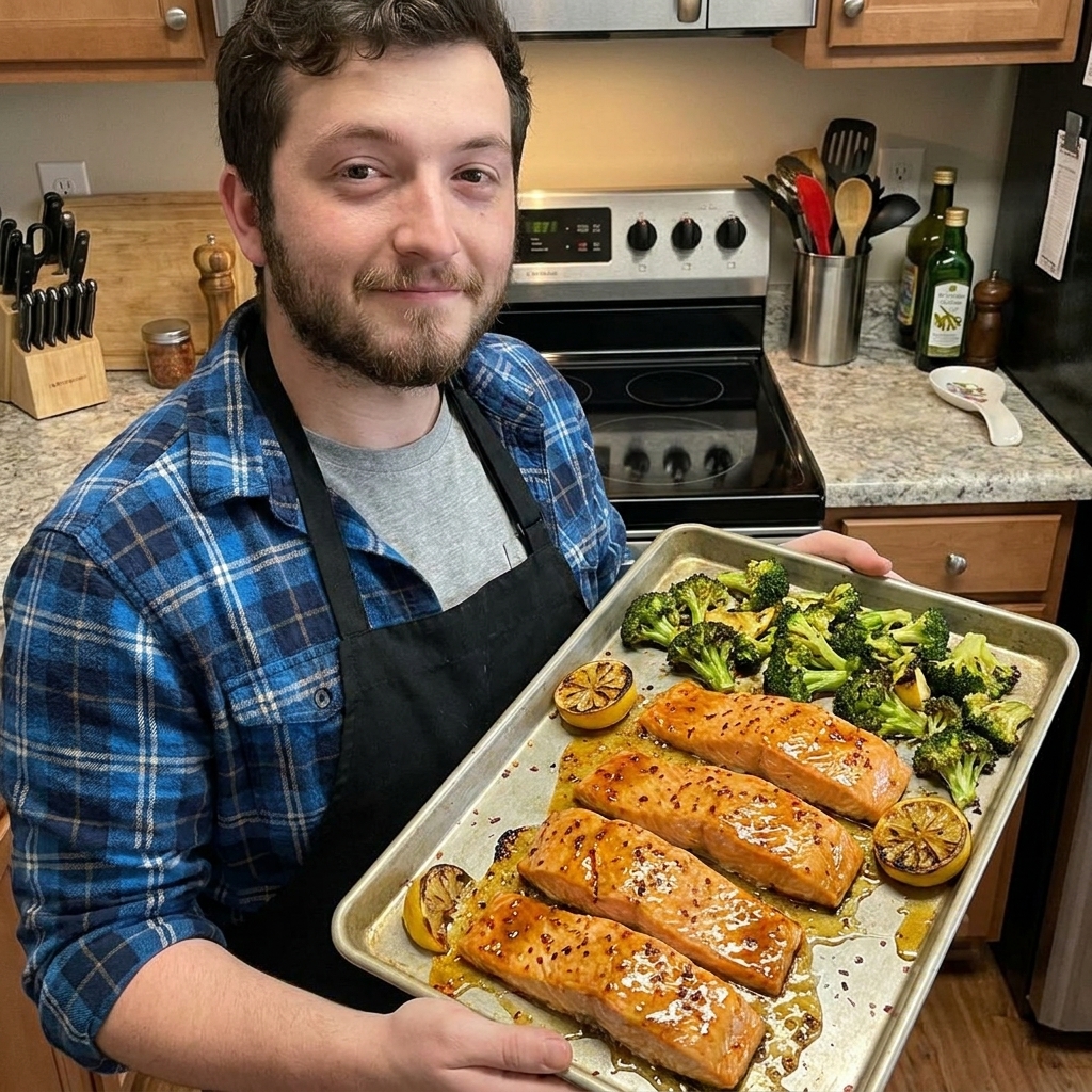 A real photo of four salmon fillets on a sheet pan, brushed with glossy hot honey butter glaze and sprinkled with chili flakes, with lemon wedges and roasted broccoli beside them