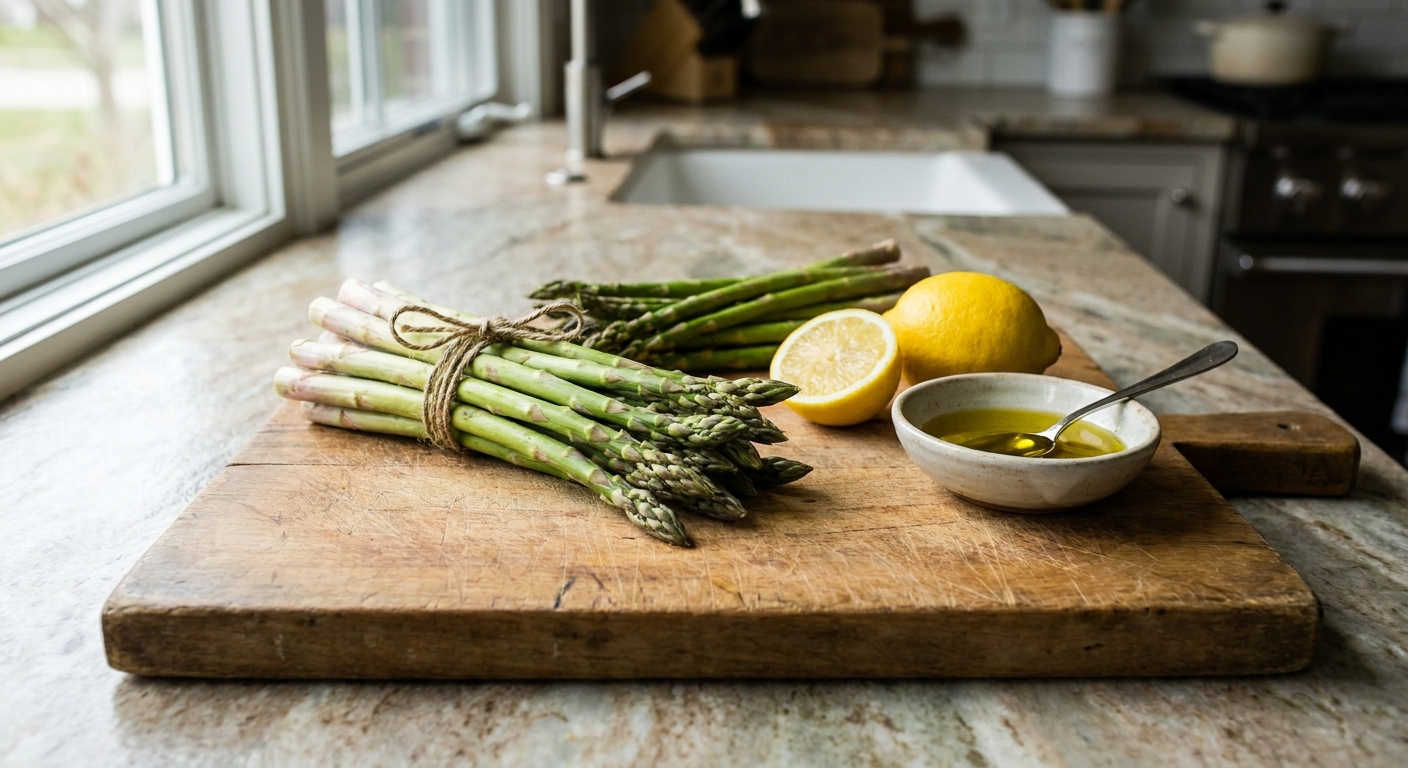 A real photo of fresh asparagus spears on a wooden cutting board with a lemon and a small bowl of olive oil on a kitchen countertop