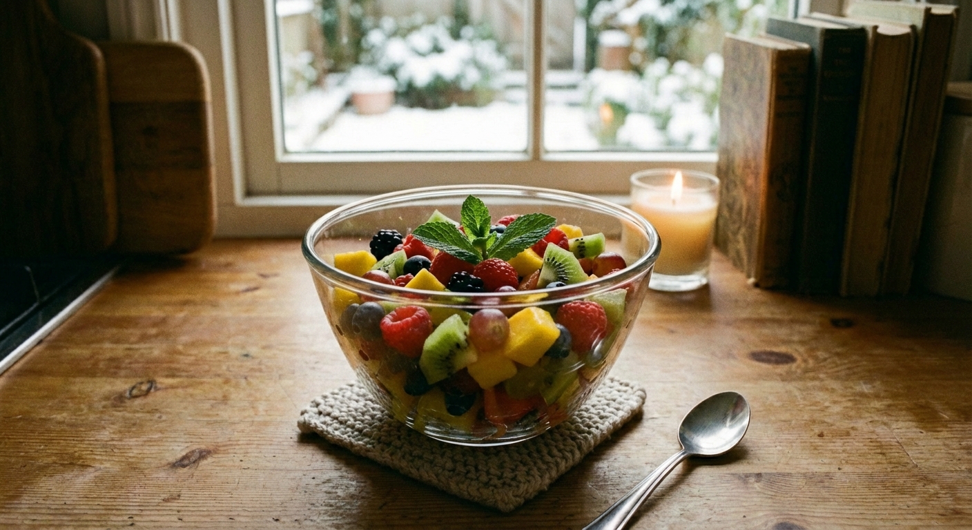A real photo of fresh fruit salad in a glass bowl with mint leaves
