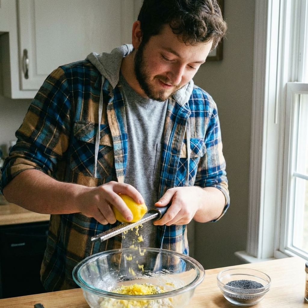 A real photo of fresh lemon being zested over a mixing bowl with poppy seeds nearby