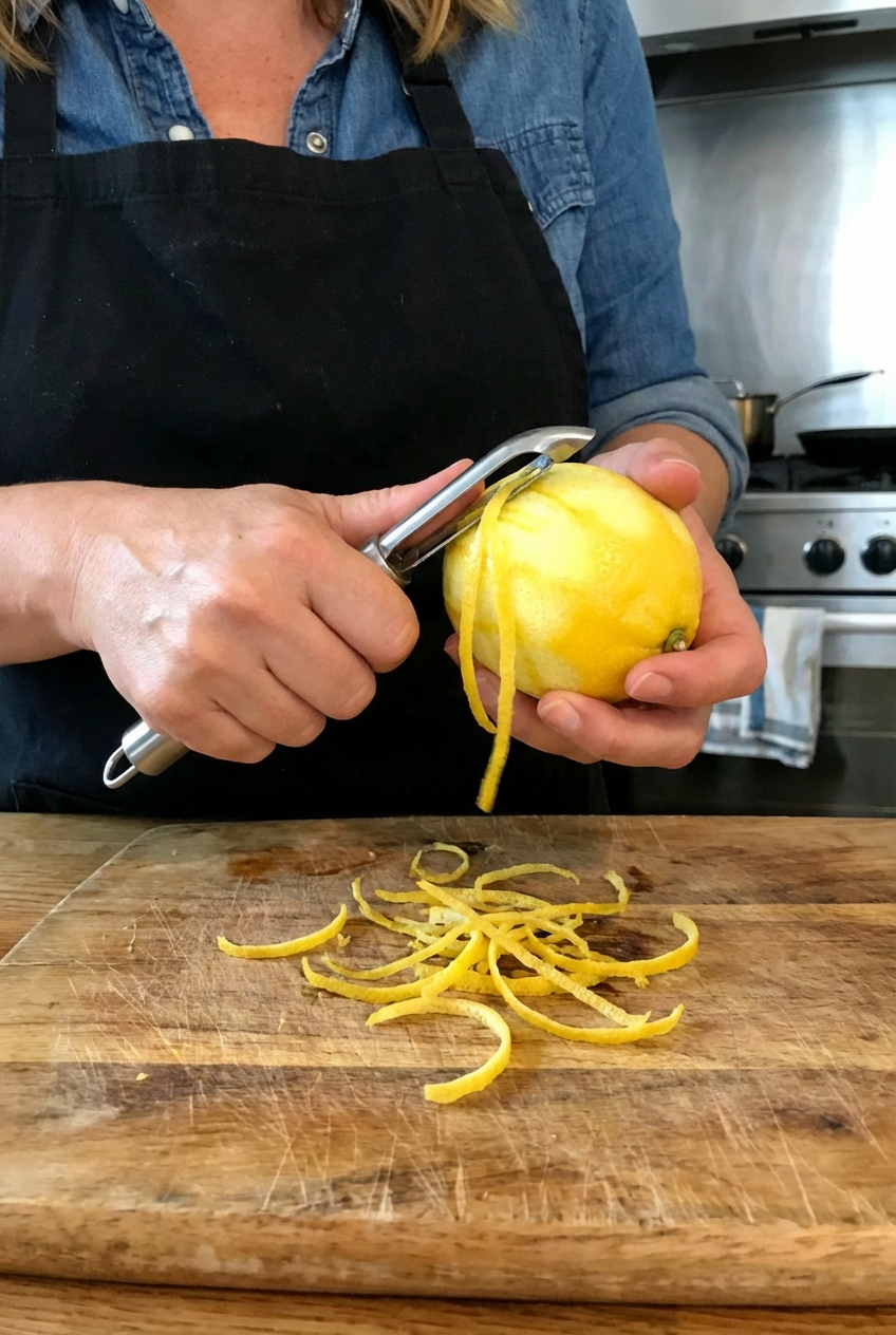 A real photo of fresh lemon zest being peeled in long strips with a vegetable peeler over a cutting board