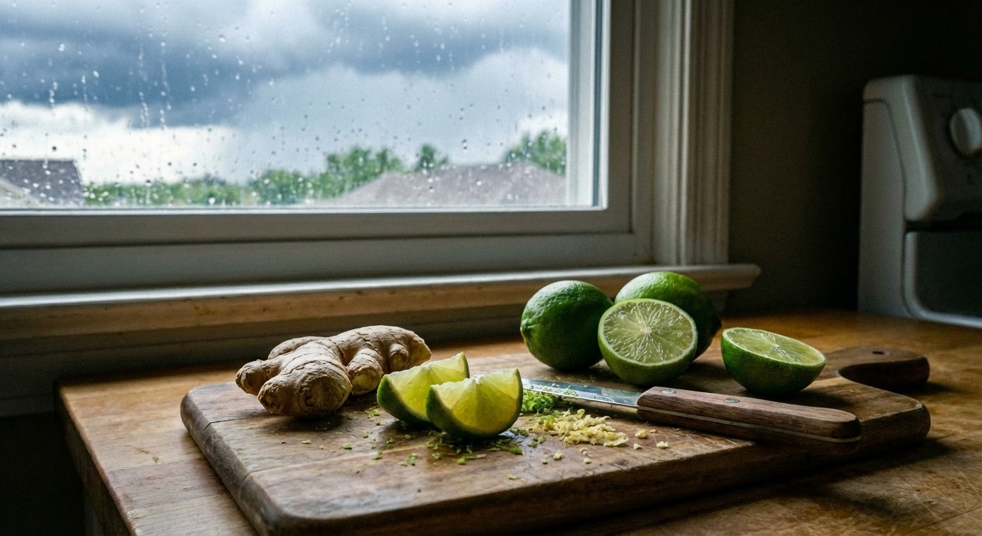 A real photo of fresh limes and a piece of ginger on a wooden cutting board with a small knife